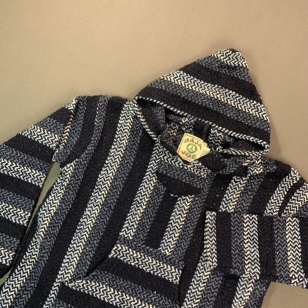 Baja Joe Hoodie‎ Men Small Blue Herringbone Woven Pullover Baja Mexican Poncho